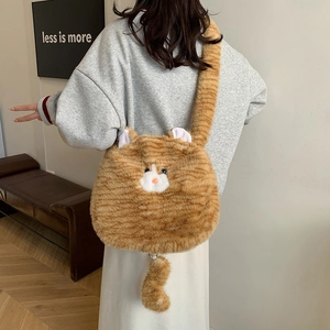 Cute orange tabby cat plush tote bag with furry tail and wide shoulder strap for women