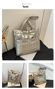 Detailed views of gold quilted puffer tote bag with metallic finish and front pocket detail