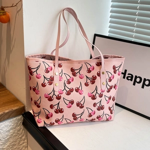 Women Fashion Cherry Print Tote Bag Large Capacity Synthetic Leather Shoulder Bag Daily Commute Shopping Handbag For Women