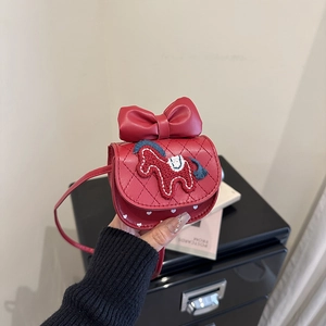 Red quilted mini crossbody bag with a large bow and embroidered horse for girls