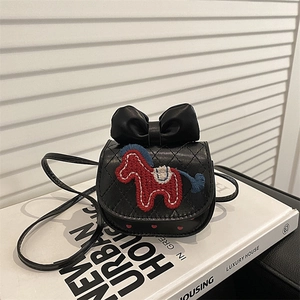 Mini black quilted crossbody bag for girls with bow and embroidered pony patch
