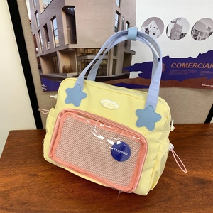 Borsa Tote Trasparente Semplice in Stile Giapponese per Donna in Tessuto Oxford Borsa Ita Toppa a Stella Colore a Contrasto Borsa a Tracolla