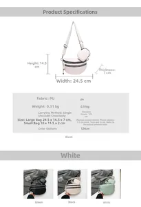 Detailed size guide and color options for the crescent crossbody bag with coin purse