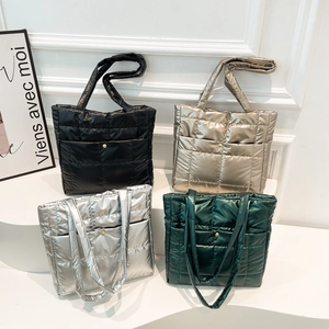 Women Metallic Quilted Puffer Tote Bag Large Capacity Synthetic Leather Shoulder Handbag Simple Casual Fashion Daily Bag