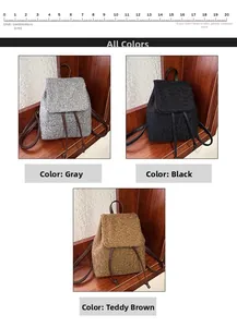 Detail view of mini wool-textured backpacks in gray, black, and teddy brown colors