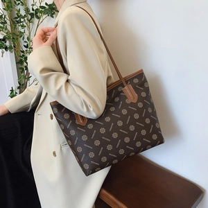 Large vintage brown printed tote bag with MEILINSHUIA pattern and shoulder handles