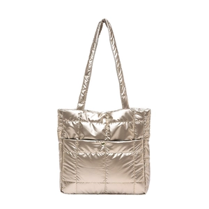 Quilted metallic gold tote bag for women featuring large front pocket and padded straps