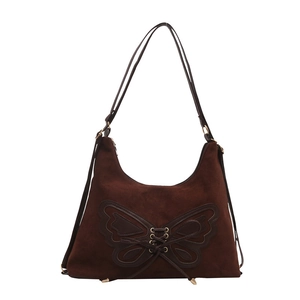 Dunkelbraune Wildleder Schultertasche mit Boho Schmetterling Laser-Cut Schnürung
