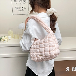 Pink quilted cotton crossbody bag for women with a lightweight puffy square texture