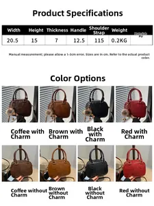 Detailed size chart and multi-color options for textured PU leather square handbag