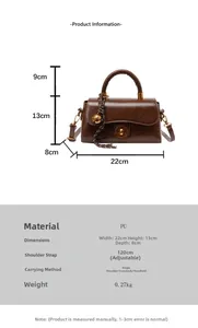 Detailed dimensions of brown PU leather vintage handbag with metal lock and shoulder strap