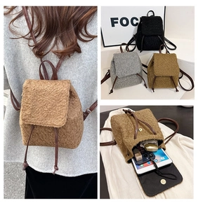 Detailed views of mini fleece backpack showing capacity, colors, and styling