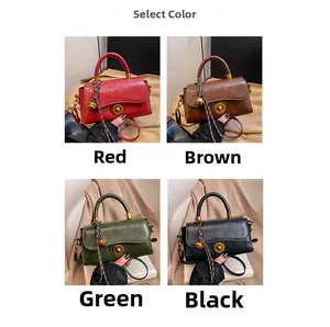 Detailed grid view of vintage leather crossbody bags in red, brown, green and black