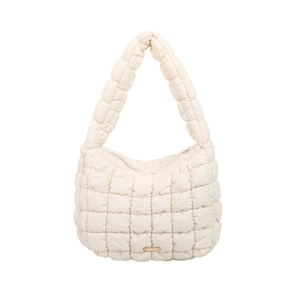 White quilted puffer shoulder bag with crescent shape and gold brand tag detail