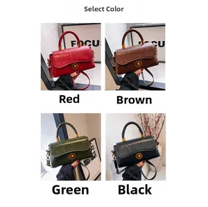 Minimalist square handbags shown in red, brown, green, and black with metallic locks