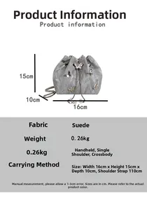 Détails du sac seau argenté avec dimensions 16x15x10cm et détails de perles élégantes