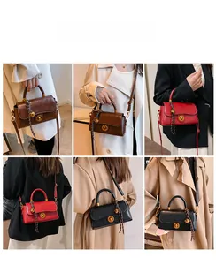 Detailed views of vintage crossbody bags with gold buckles in brown, red and black colors