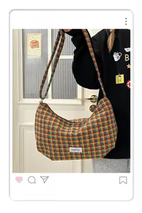 Detail of plaid dumpling bag with fabric texture and letter patch on white background