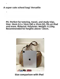 Detail showing polyester plaid crossbody bag dimensions 36x10x23cm with iPad for scale