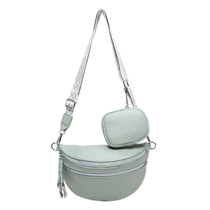 Mint green crescent leather crossbody bag with round pouch and geometric wide strap