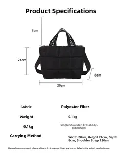 Detailed view of quilted black polyester tote bag showing dimensions and logo handle