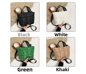 Close-up of quilted padded tote bags in four colors with logo straps and shoulder strap