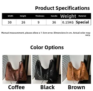 Size chart showing dimensions for large capacity bow tote bag in coffee, black and brown