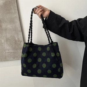 Winter Plush Polka Dot Tote Bag For Women Retro Casual Large Capacity Shoulder Bag With Braided Handle Soft Fuzzy Handbag Daily Travel