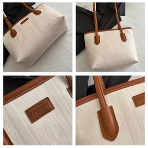 Detailed views of beige tote bag showing ripple texture, brown straps and precise stitching