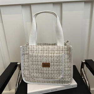 Minimalist white plaid tweed tote bag with spacious capacity and top handles