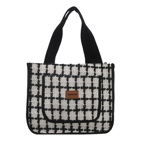 Minimalist black and white plaid tweed tote bag with leather tag for stylish daily use