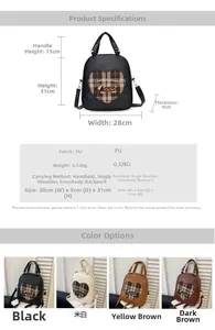 Detailed size chart and multi-color options for vintage cartoon puppy plaid backpack