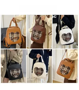 Lifestyle views of heart-patterned plaid backpack showing different colors and wearing styles