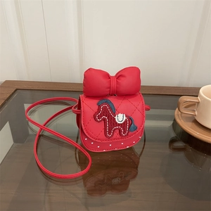 Red Bow Horse Embroidery Kids Mini Crossbody Bag Girl Quilted Heart Pattern Shoulder Bag PU Leather New Year Gift