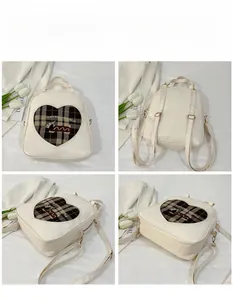Detailed four-angle view of a beige backpack with heart pattern and cute puppy print