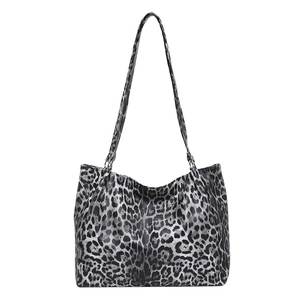 Large leopard print tote bag with metallic finish and long double shoulder straps