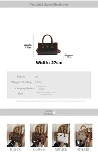 Detail view of monogram printed tote bag with dimensions 27x17x10cm and metal logo plate
