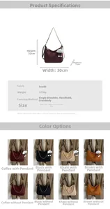 Detailed view of suede tote bags showing dimensions and metallic chain strap options