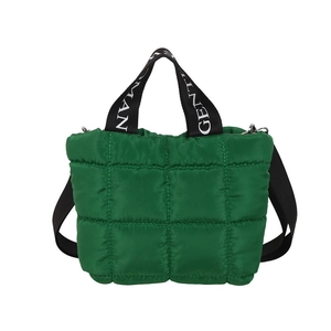 Quilted green down tote bag with nylon texture and woven logo handles for women