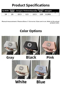 Detail showing dimensions and five color options for this square chain handbag with crystal buckle