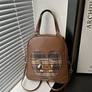 Zaino marrone vintage con finestra a cuore, ricamo a bassotto e design retrò elegante