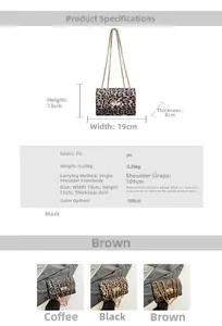 Detailed size specifications for leopard print PU leather crossbody bag with chain strap