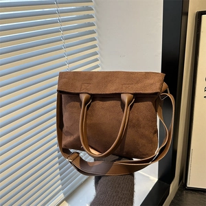 Women Suede Large Capacity Tote Bag Minimalist Winter Shoulder Bag Commuter Solid Color Crossbody Handbag With Magnetic Buckle