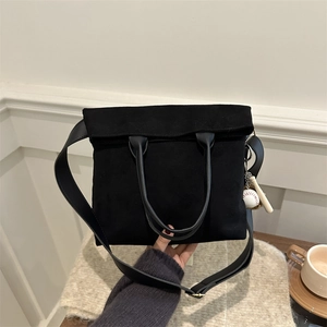 Large black suede tote bag for women with baseball keychain and adjustable strap
