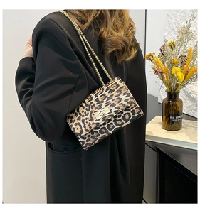 Detail of leopard print crossbody bag with gold chain strap shown on model's shoulder