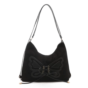 Black vintage bow tote bag with lace-up metal rings and suede texture for women