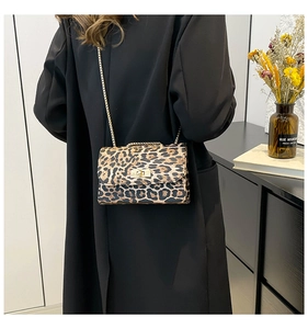Detail view of stylish leopard print square crossbody bag with gold chain strap worn by model