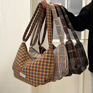 Women's Vintage Plaid Houndstooth Shoulder Bag Japanese Minimalist Polyester Hobo Crossbody Bag Large Capacity Dumpling Bag