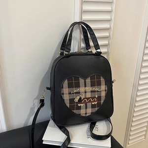 Retro black leather backpack with heart plaid window and cartoon dog embroidery