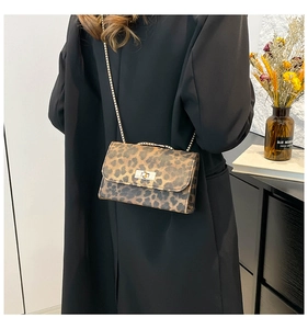 Detail of trendy leopard print crossbody bag with gold chain strap worn by model